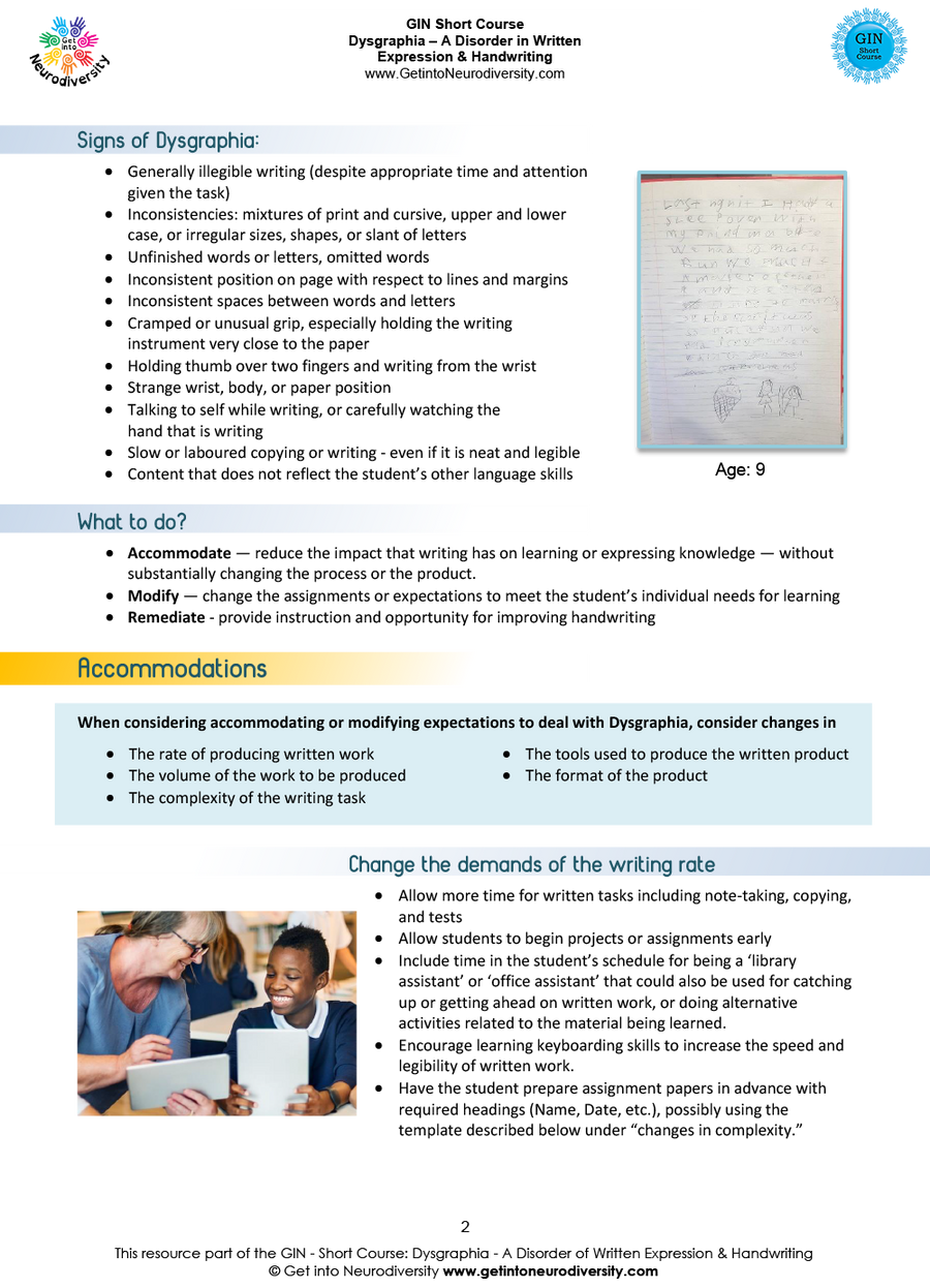 Checklist Dysgraphia Accommodation Modification and Remediation